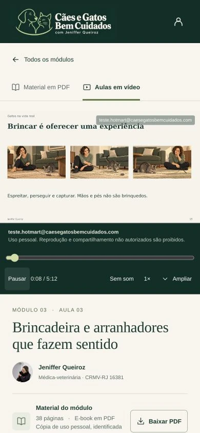 Aula real no portal com player e materiais relacionados